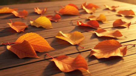 Autumn leaves on wooden table, close-up. Nature backgroundの素材