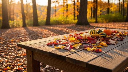 Autumn leaves and pumpkins on a wooden table in the parkの素材