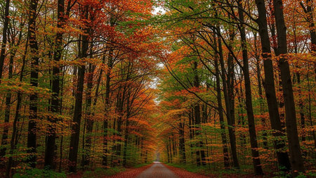 Autumn forest with colorful trees and road in the morning light.の素材