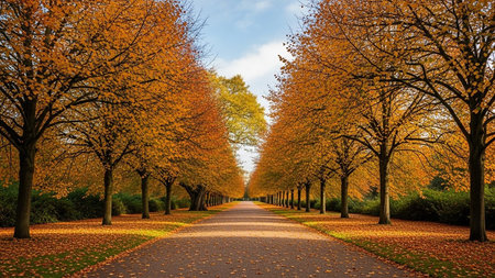 Pathway in autumn park with colorful trees and fallen leaves, London, UKの素材