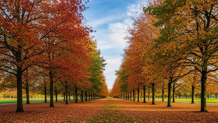 Autumnal alley of trees in the park. Nature background.の素材