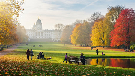 People walking in Hyde park in London, UKの素材