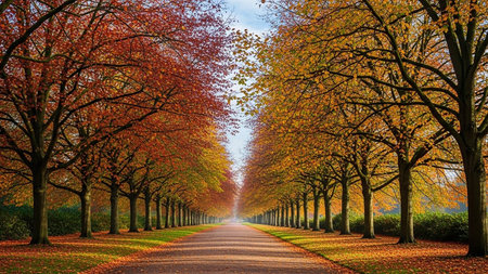 Autumnal alley of trees in a row in the park.の素材
