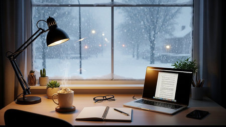 Working place with laptop and coffee cup on wooden table near window at nightの素材