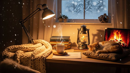 Cozy home interior. Cup of hot drink, book, warm plaid, knitted blanket and burning fireplace on windowsill at nightの素材
