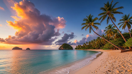 Tropical beach with palm trees at sunset, Seychellesの素材