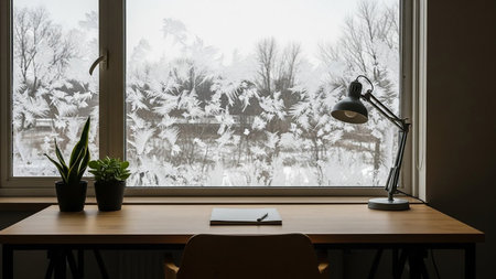 Wooden desk with lamp and notebook on the windowsill in winterの素材