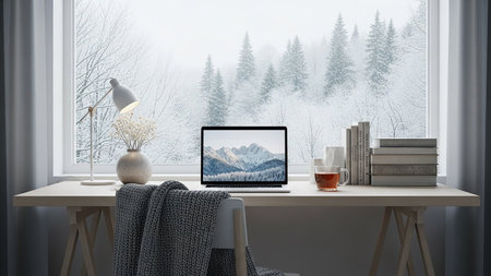 Workplace with laptop, books and coffee cup on table in front of window with winter landscape. 3d rendering.の素材