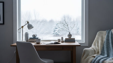 Interior of a cozy room with a window overlooking the winter landscapeの素材