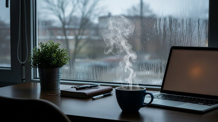 A cup of coffee on the table in front of a window with a laptop.の素材