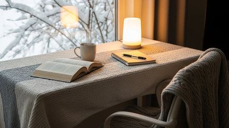 Cozy home interior with a cup of coffee and a book on the tableの素材