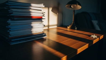 A stack of books on a wooden table in the light of a lampの素材