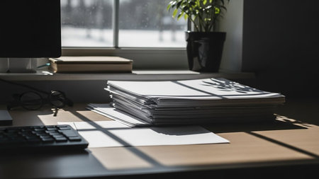 Office desk table with a lot of papers, computer and other work supplies on it.の素材