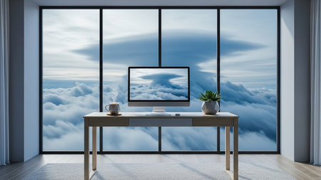 Interior of modern office with white walls, wooden floor, panoramic window with blue sky and clouds and computer on table. 3d renderingの素材