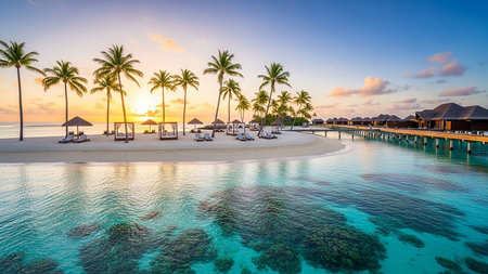 Beautiful tropical Maldives resort hotel and island with beach and sea for holiday vacation concept - Boost up color Processingの素材