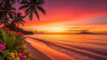 Beautiful sunset on the tropical beach with palm trees and flowers.の素材