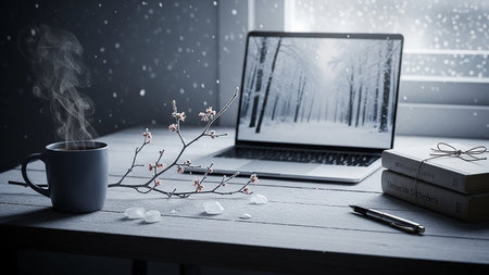 Coffee cup and flowers on the wooden table with a laptopの素材