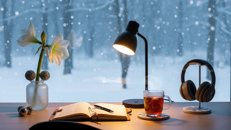A cup of tea with a book, headphones and a lamp on a wooden table in the winter forest.の素材