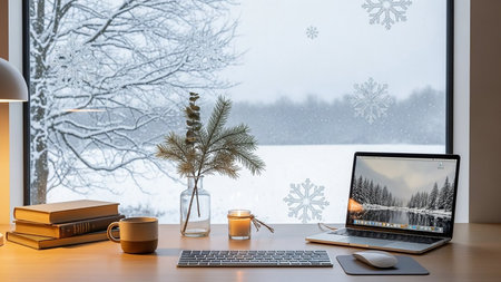 Comfortable workplace with computer on table near window with snowflakesの素材