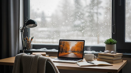 Workplace with laptop on the table near the window in the winterの素材