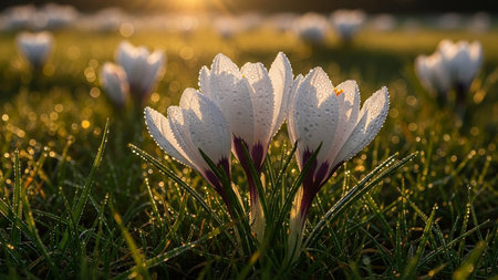 Beautiful white crocuses in the meadow at sunrise.の素材