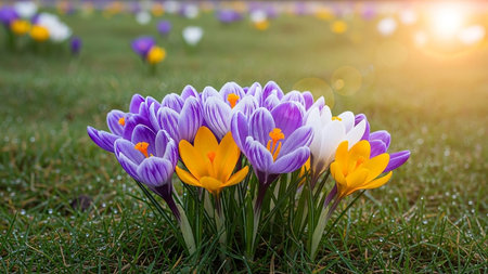 Beautiful crocus flowers in the garden. Spring flower background.の素材