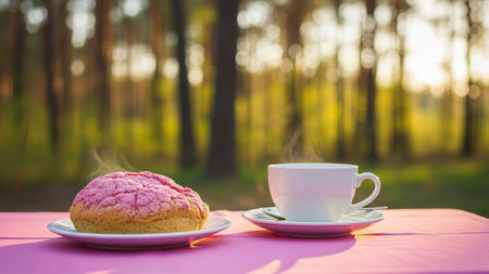 Cup of coffee and cake on pink tablecloth in the forestの素材