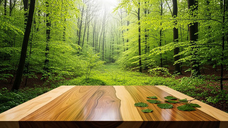 Empty wooden table for product display montages with green forest background.の素材
