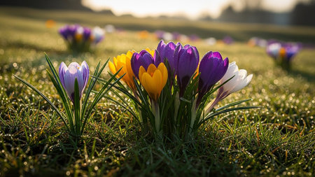 Group of crocuses in the grass. Early spring in the Netherlands.の素材