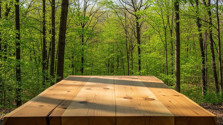Wooden boardwalk in the spring forest. Empty table for product placementの素材