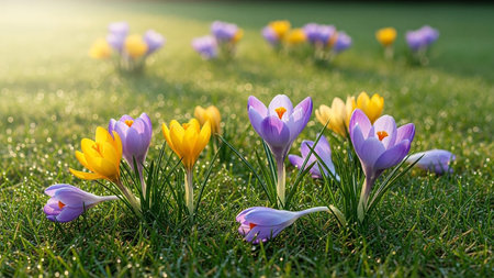 Spring crocus flowers on green grass, shallow depth of field.の素材