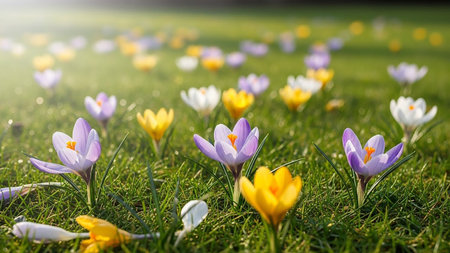 Spring crocus flowers in the meadow. Selective focus.の素材