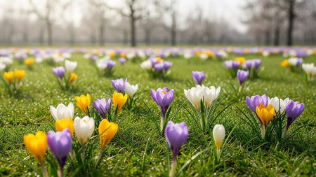 Crocuses blooming in the park. Early spring in Europe.の素材