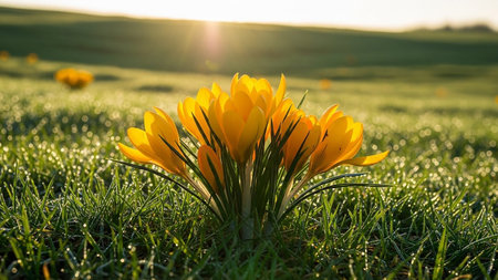 Yellow crocuses in the meadow at sunset. Spring landscape.の素材