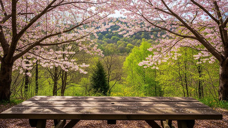 Wooden table with cherry blossom trees in the park. Nature backgroundの素材