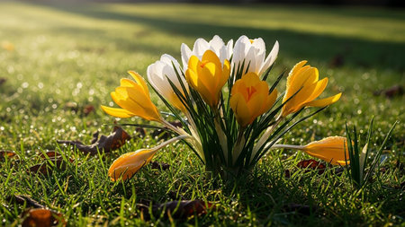 yellow and white crocuses on green grass in the morning sunの素材