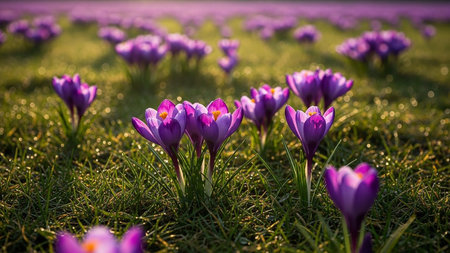 Purple crocuses on a meadow in the Netherlands.の素材