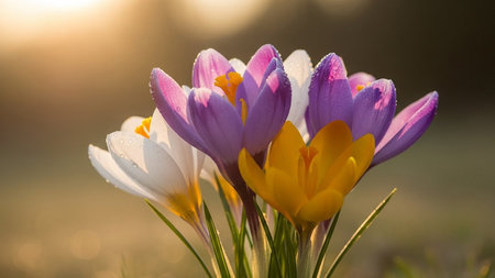 Beautiful crocuses in the sunlight. Spring flowers. Soft focus.の素材
