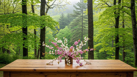Wooden table with flowers in vase on background of green forestの素材