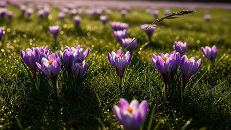Crocus flowers in the meadow. Early spring. Europe.の素材
