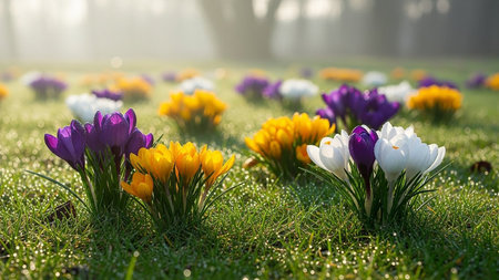 Beautiful crocus flowers in a meadow in early spring.の素材