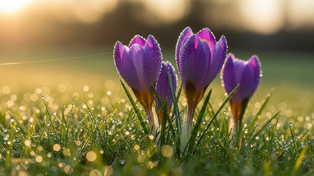 Beautiful crocuses in the meadow in the morning dewの素材