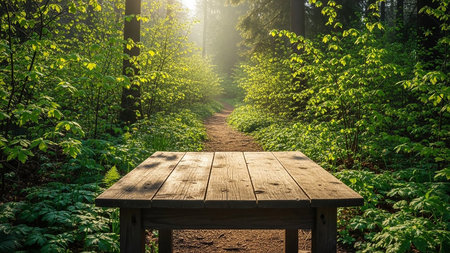 Wooden table in a green forest at sunset. Nature background.の素材
