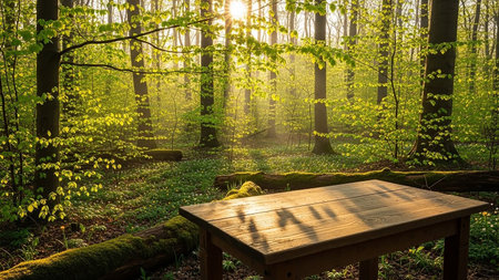 Wooden table and benches in the forest with sunbeams.の素材