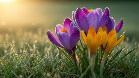 Crocuses in the meadow in the rays of the setting sunの素材
