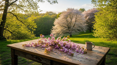 Cherry blossoms on a wooden table in a spring garden.の素材