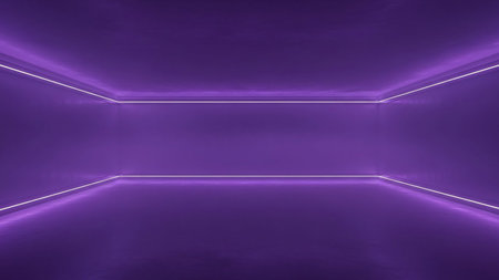 Purple empty room with glowing neon lights. 3D rendering.の素材