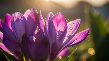 Beautiful crocus flowers with drops of dew on petalsの素材