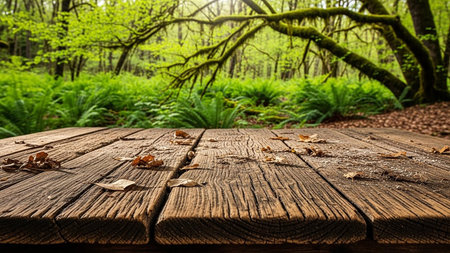 Wooden table background in front of a green forest with fallen leavesの素材
