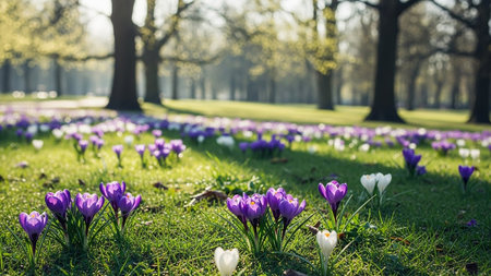 Spring crocus flowers in the park. Early spring in Europe.の素材